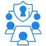 Ícone azul com um escudo de segurança central e várias pessoas conectadas ao redor de uma mesa, representando o controle de permissões e acesso seguro a arquivos e pastas.