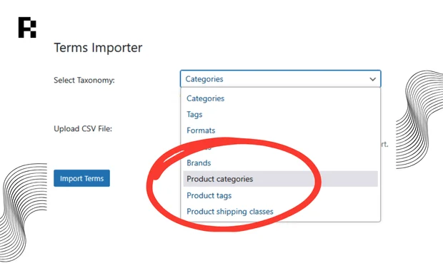 Screenshot of the Term Importer plugin's dropdown menu in WordPress, showing WooCommerce taxonomies such as Product Categories, Product Tags, and Product Shipping Classes highlighted.